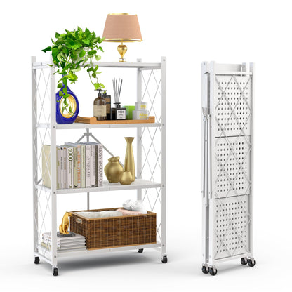 Our Modern Space 3-Tier Foldable Storage Shelf with Wheels | Metal Rack Collapsible Shelving Display | Rolling Cart for Books Kitchen Storage Shelves | Pantry & Closet Organizer | Office Room Decor