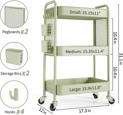 TOOLF 3 Tier Rolling Cart, Metal Utility Storage Cart with Pegboard, Green