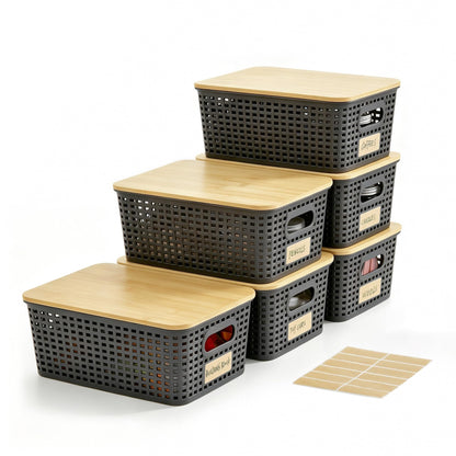 Bagnizer Small Plastic Storage Bins with Bamboo Lids 5.2qt Stackable Box Basket Pantry Decorative Containers Cute with Labels for Organizing Desktop Closet Office Cream White of 6 packs 10*7.2*4.1"
