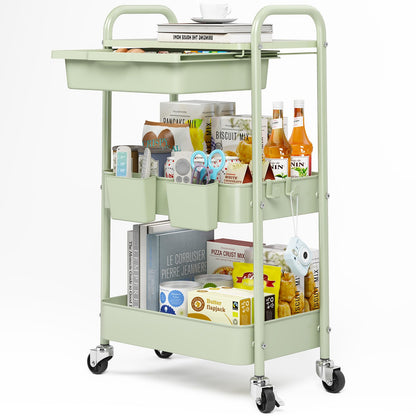 KINGRACK 3 Tier Metal Rolling Cart with Drawer, White Utility Storage Cart