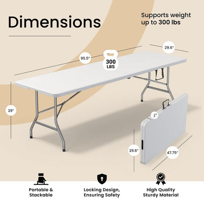 Our Modern Space 8 Feet Foldable Table with Built in Handle & Steel Legs | 8 FT Heavy Duty Portable | Perfect for Party, Dining, Wedding, Events, Picnic Indoor, Outdoor, Camping, Temporary - 8 Foot