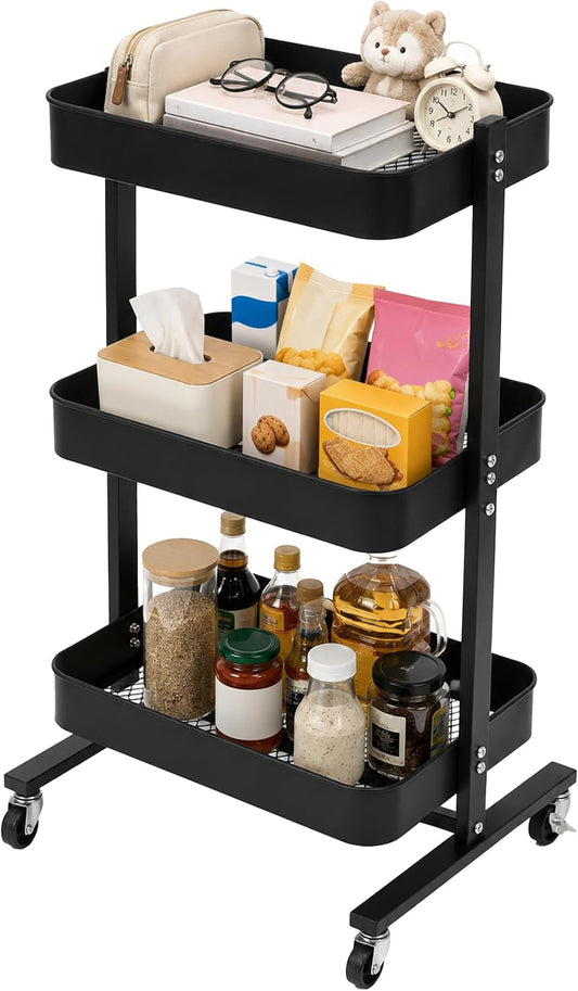 ZOES HOMEWARE 3 Tier Metal Rolling Cart by T-Frame Design on Wheels,Black