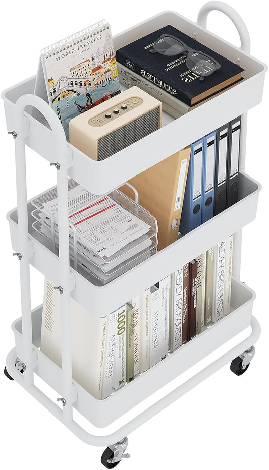 3-Tier Utility Cart with Wheels, Rolling Cart, Storage Shelves, Multi-Functional Organizer Cart for Bathroom, Office, Kitchen, White