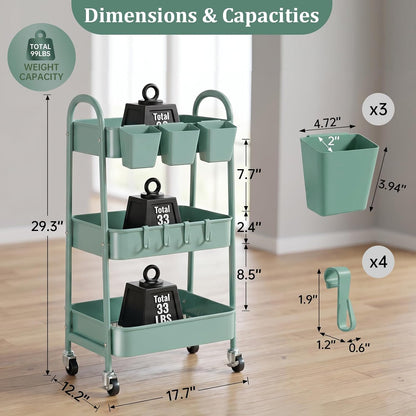 danpinera 3-Tier Rolling Cart, Metal Rolling Storage Cart with Wheels