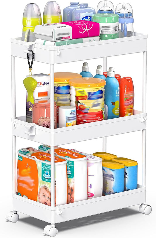 SPACEKEEPER 3 Tier Rolling Cart, Bathroom Cart Organizer with Wheels, White