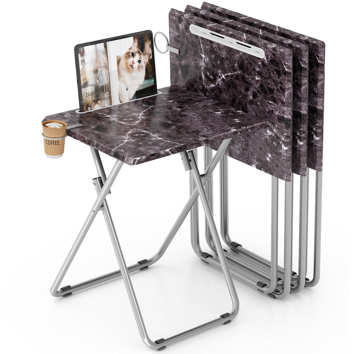 TV Tray Table,Folding Table with Cup Holder Portable,Foldable Snack Tray for Eating,Small Folding Tables Set of 2,Dinner Tables for Couch, Living Room,Small Space (White Marble,2Pcs)