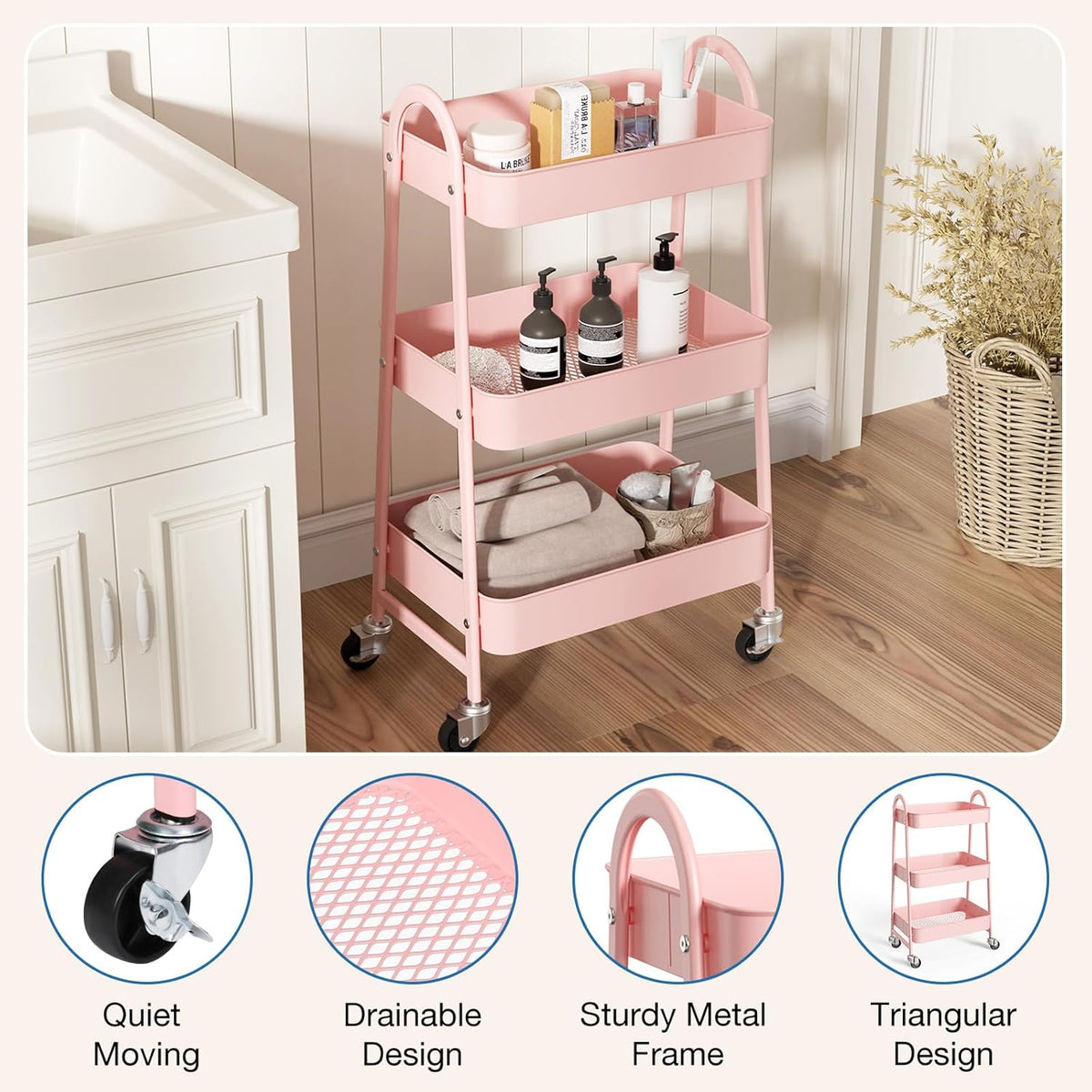DUMOS 3 Tiers Rolling Cart, Utility Cart, Metal, Pink