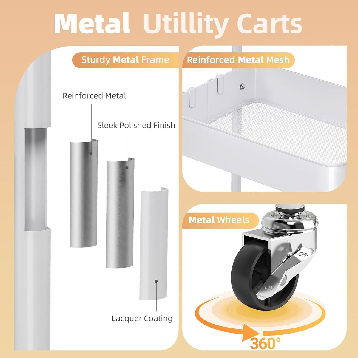 KINGRACK 3 Tier Metal Rolling Cart with Drawer, White Utility Storage Cart
