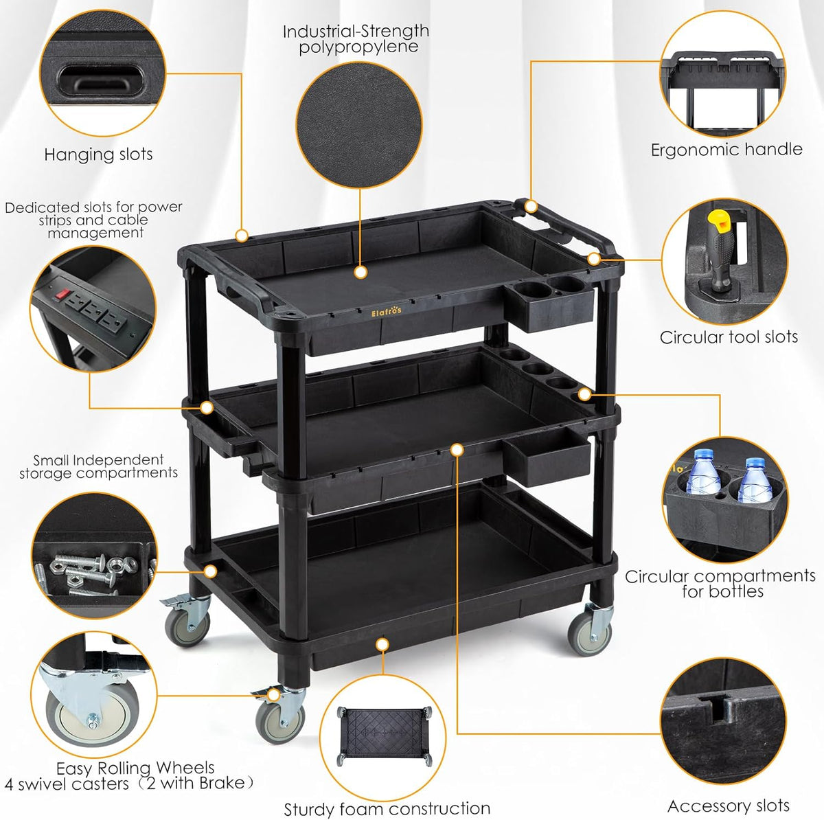 ELAFROS 3-Shelf Heavy Duty Rolling Utility Cart, 32.4 x 18.3 in