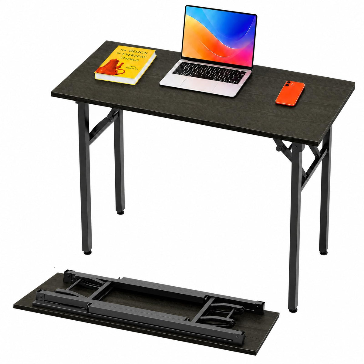 Folding Table Computer Desk - 35.8" No Assembly Folding Desk Design and Foldable Office Desk, Small Desk for Bedroom, Compact Storage Portable Use for Dorm and RV Small Space, Dark Oak