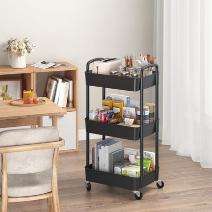 Sywhitta 3-Tier Plastic Rolling Utility Cart with Wheels for Storage,Black