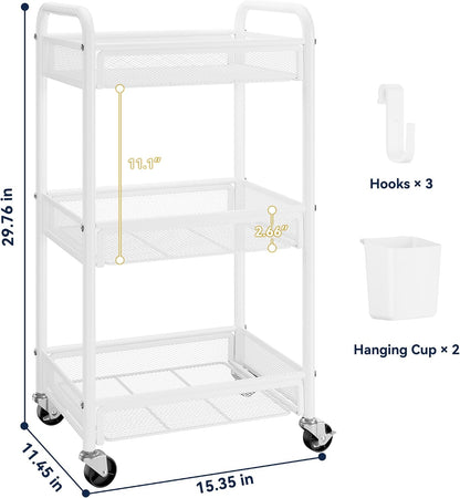 YASONIC 3 Tier Metal Rolling Cart, White Utility Storage Cart with Wheels
