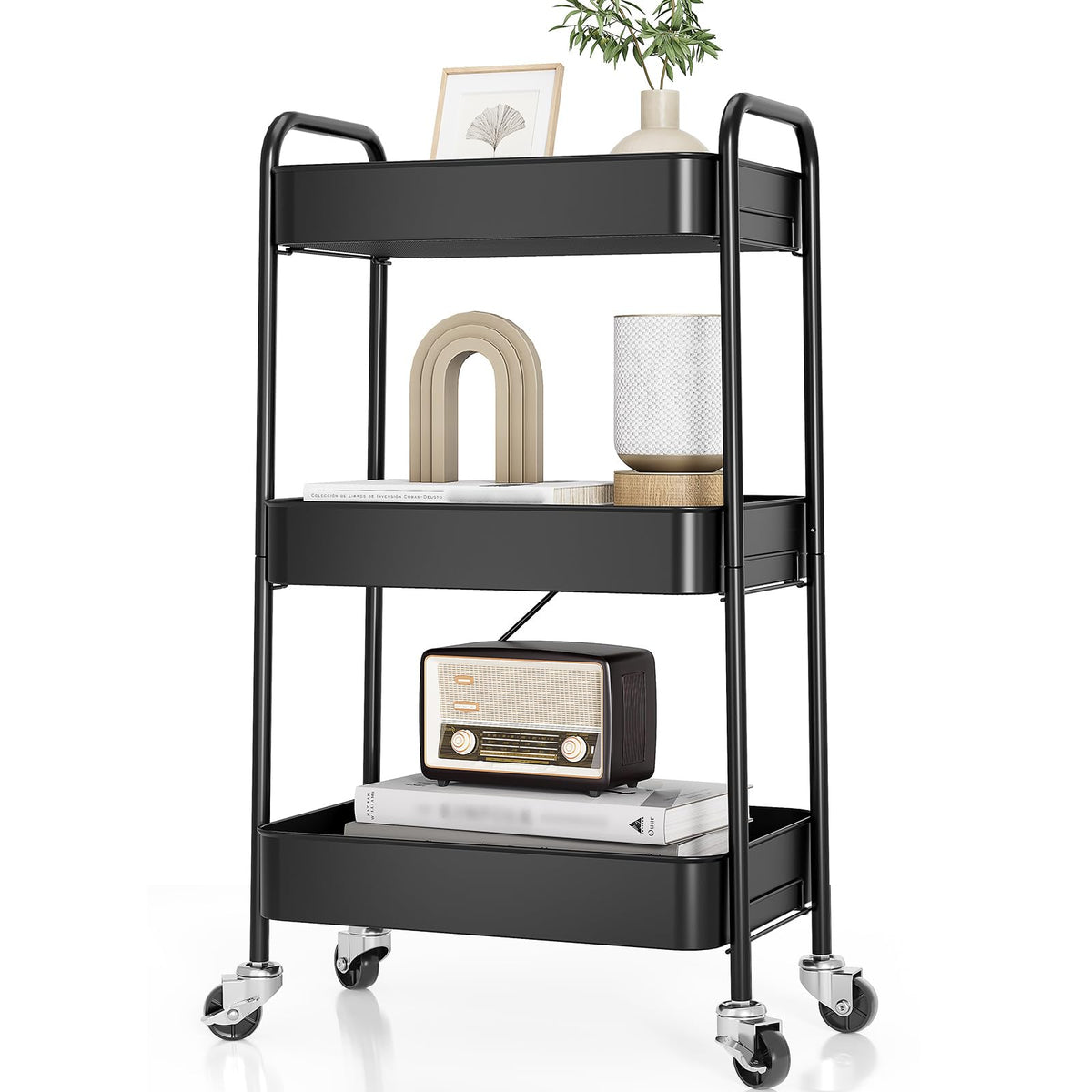 TOOLF 3 Tier Metal Rolling Cart, Utility Storage Cart with Wheels, White