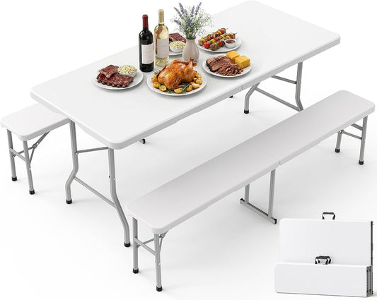 Pureegg 6FT Folding Table and 2 Chairs Set, Sturdy, Picnic, White