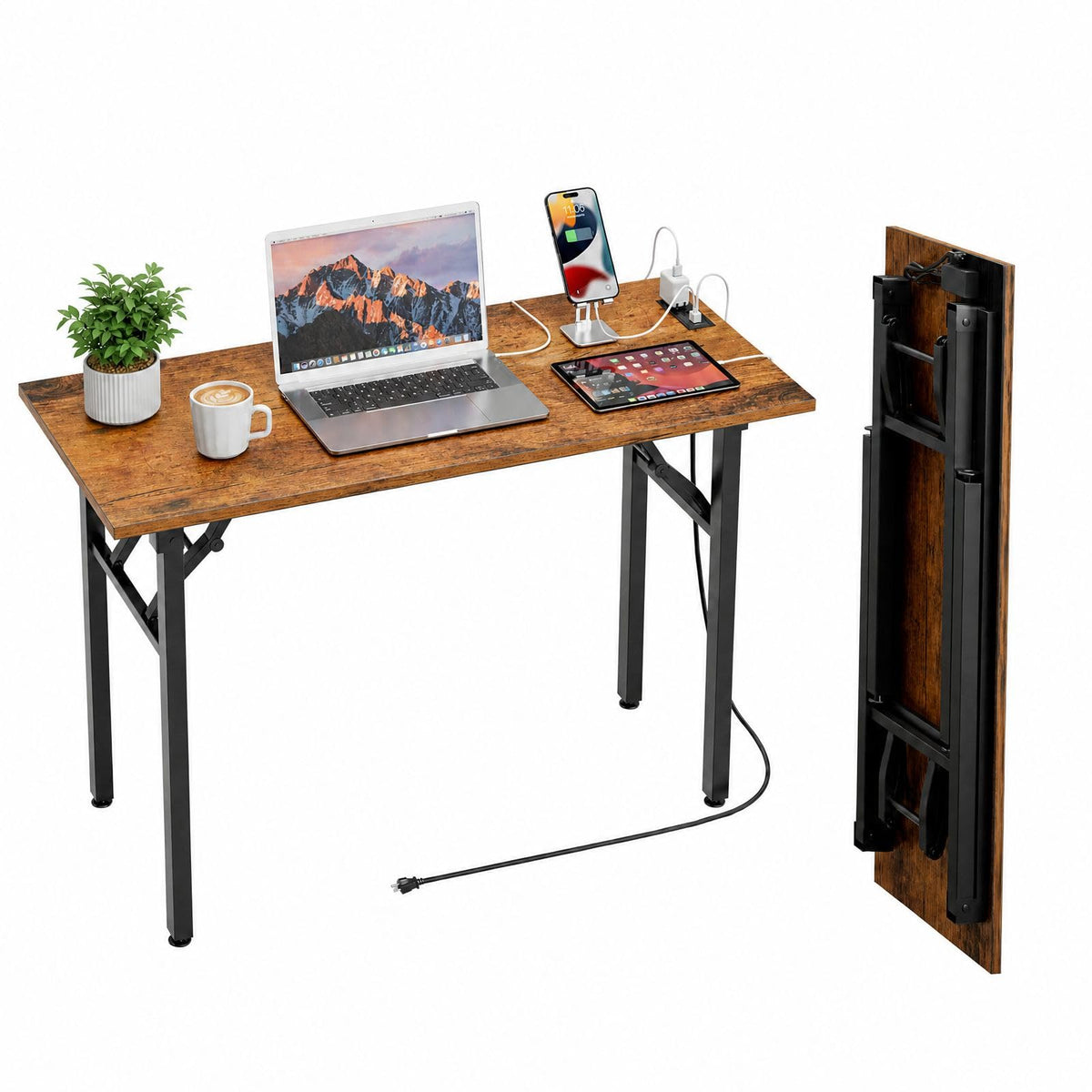 Folding Table Computer Desk - 35.8" No Assembly Folding Desk Design and Foldable Office Desk, Small Desk for Bedroom, Compact Storage Portable Use for Dorm and RV Small Space, Dark Oak
