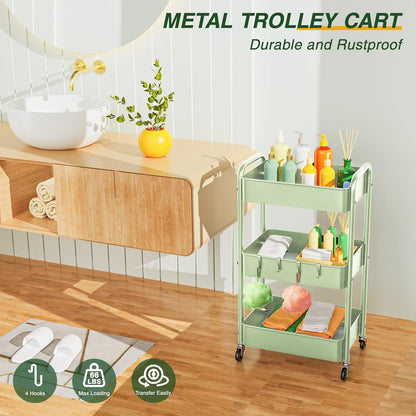 LEHOM 3 Tier Rolling Cart, Metal Rolling Utility Cart with Lockable Wheels