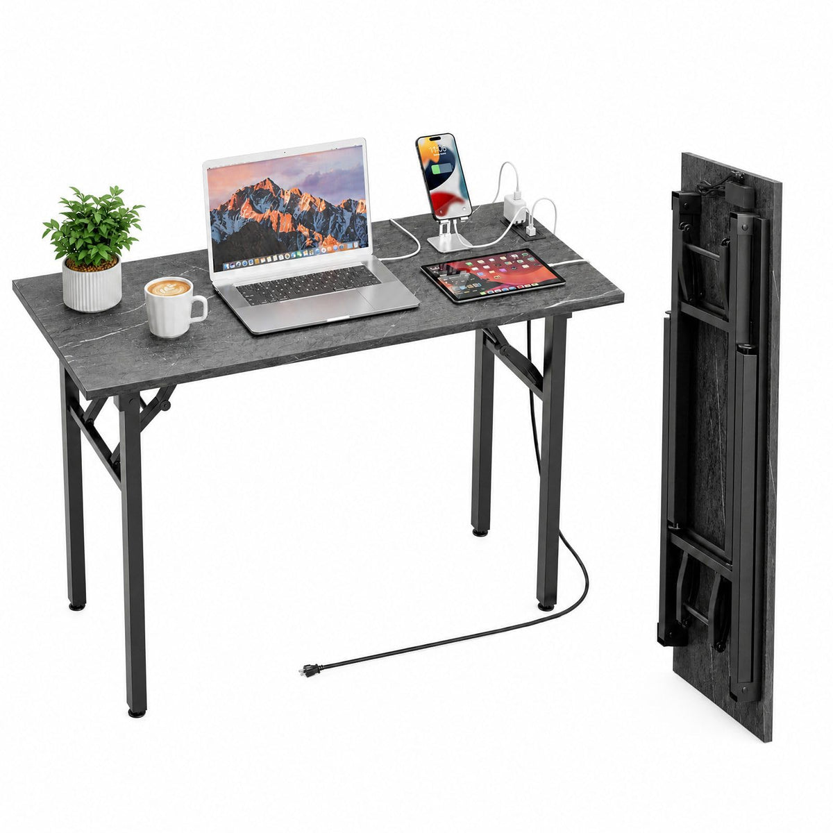 Folding Table Computer Desk - 35.8" No Assembly Folding Desk Design and Foldable Office Desk, Small Desk for Bedroom, Compact Storage Portable Use for Dorm and RV Small Space, Dark Oak