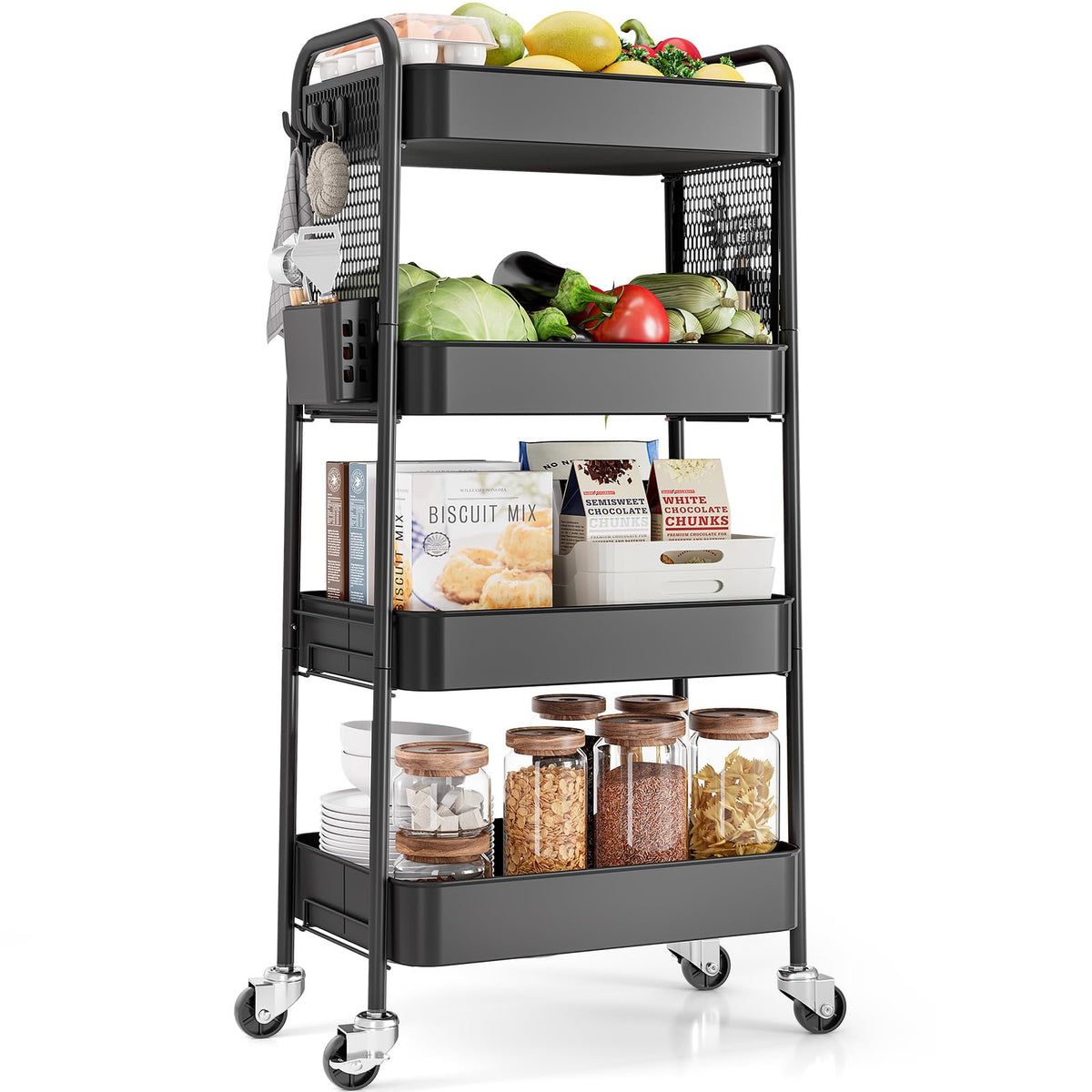 TOOLF 3 Tier Rolling Cart, Metal Utility Storage Cart with Pegboard, Green