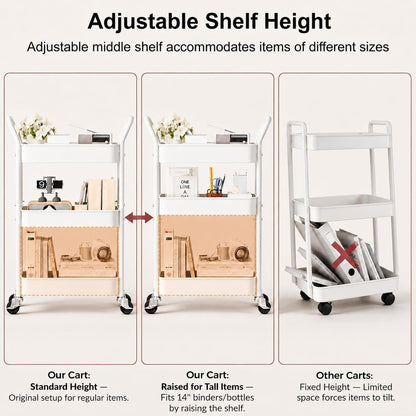 White 3 Tier Height-Adjustable Heavy-Duty Rolling Utility Cart with Wheels