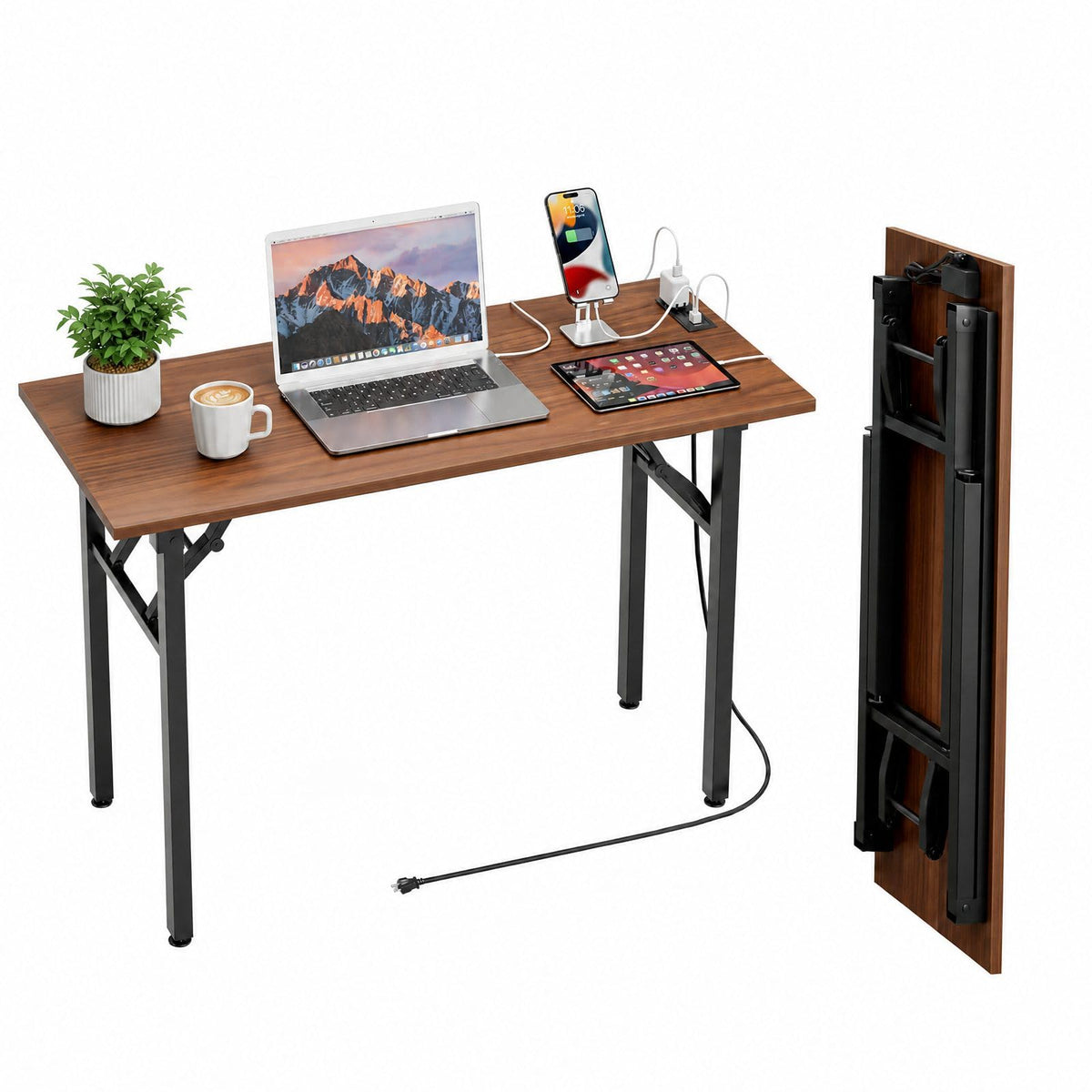 Folding Table Computer Desk - 35.8" No Assembly Folding Desk Design and Foldable Office Desk, Small Desk for Bedroom, Compact Storage Portable Use for Dorm and RV Small Space, Dark Oak