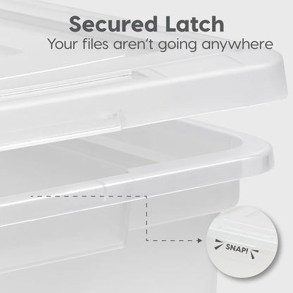 IRIS USA File Box File Organizer Plastic File Box for Letter/Legal File, BPA-Free Plastic Storage Bin Tote Organizer with Durable and Secure Latching Lid, Stackable and Nestable, Clear 35 Qt. 4Pack