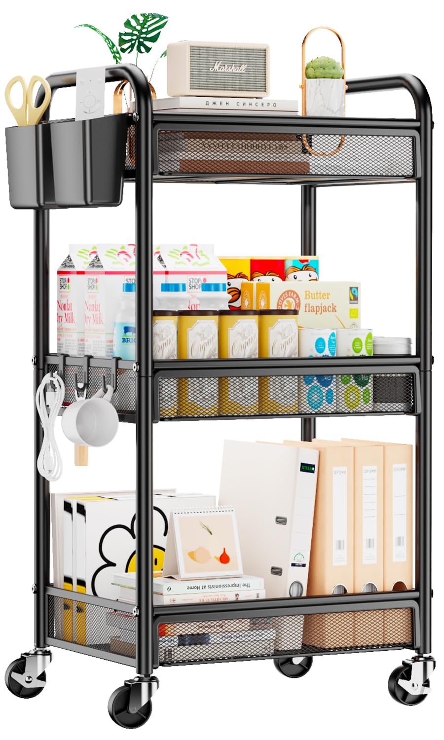 YASONIC 3 Tier Metal Rolling Cart, White Utility Storage Cart with Wheels