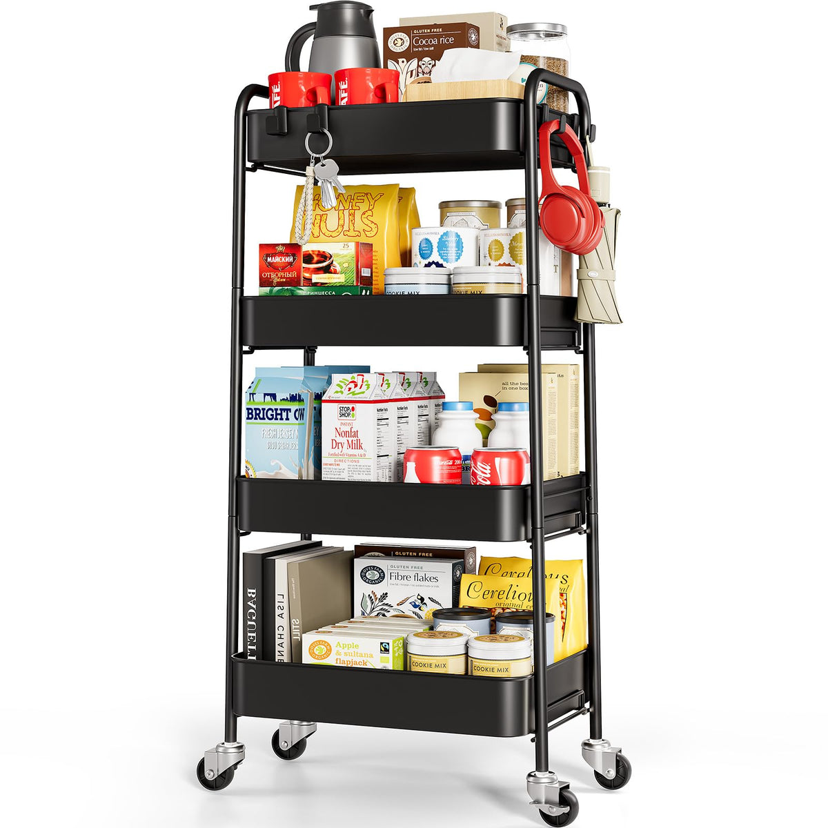TOOLF 3 Tier Metal Rolling Cart, Utility Storage Cart with Wheels, White