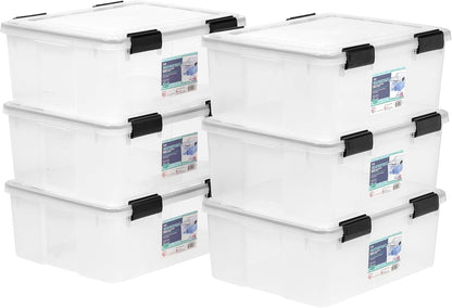 IRIS USA 6-Pack 31 Qt Storage Bins with Gasket Lids, Clear/Black