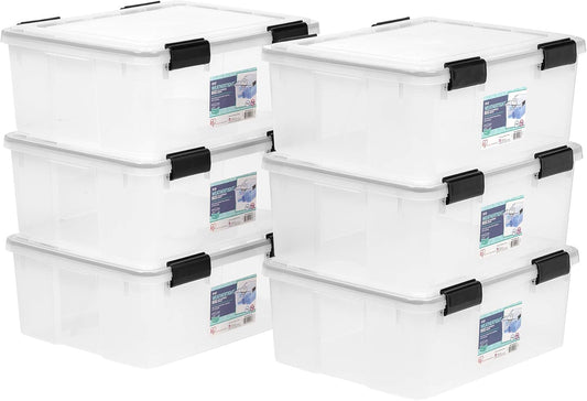 IRIS USA 6-Pack 31 Qt Storage Bins with Gasket Lids, Clear/Black