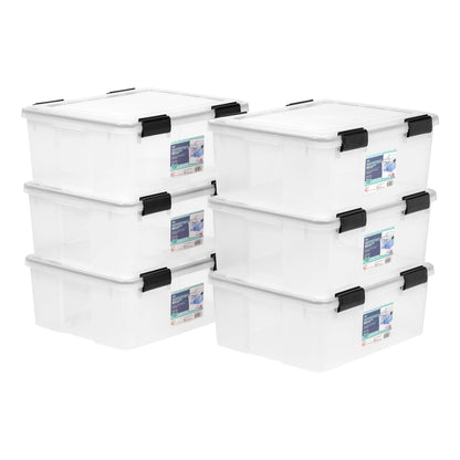 IRIS USA 6-Pack 31 Qt Storage Bins with Gasket Lids, Clear/Black