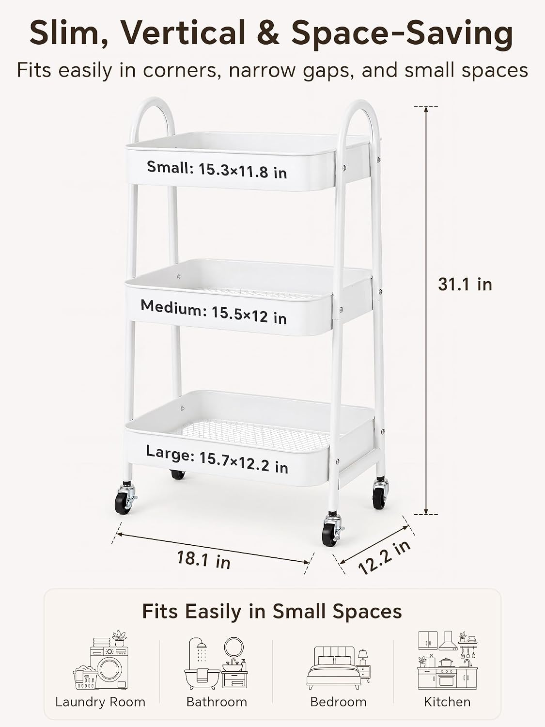 Booklov Rolling Makeup Cart Organizer, 3 Tier Utility Storage Cart, White