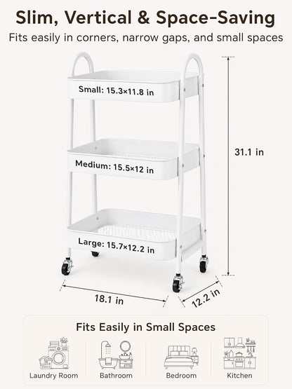 Booklov Rolling Makeup Cart Organizer, 3 Tier Utility Storage Cart, White