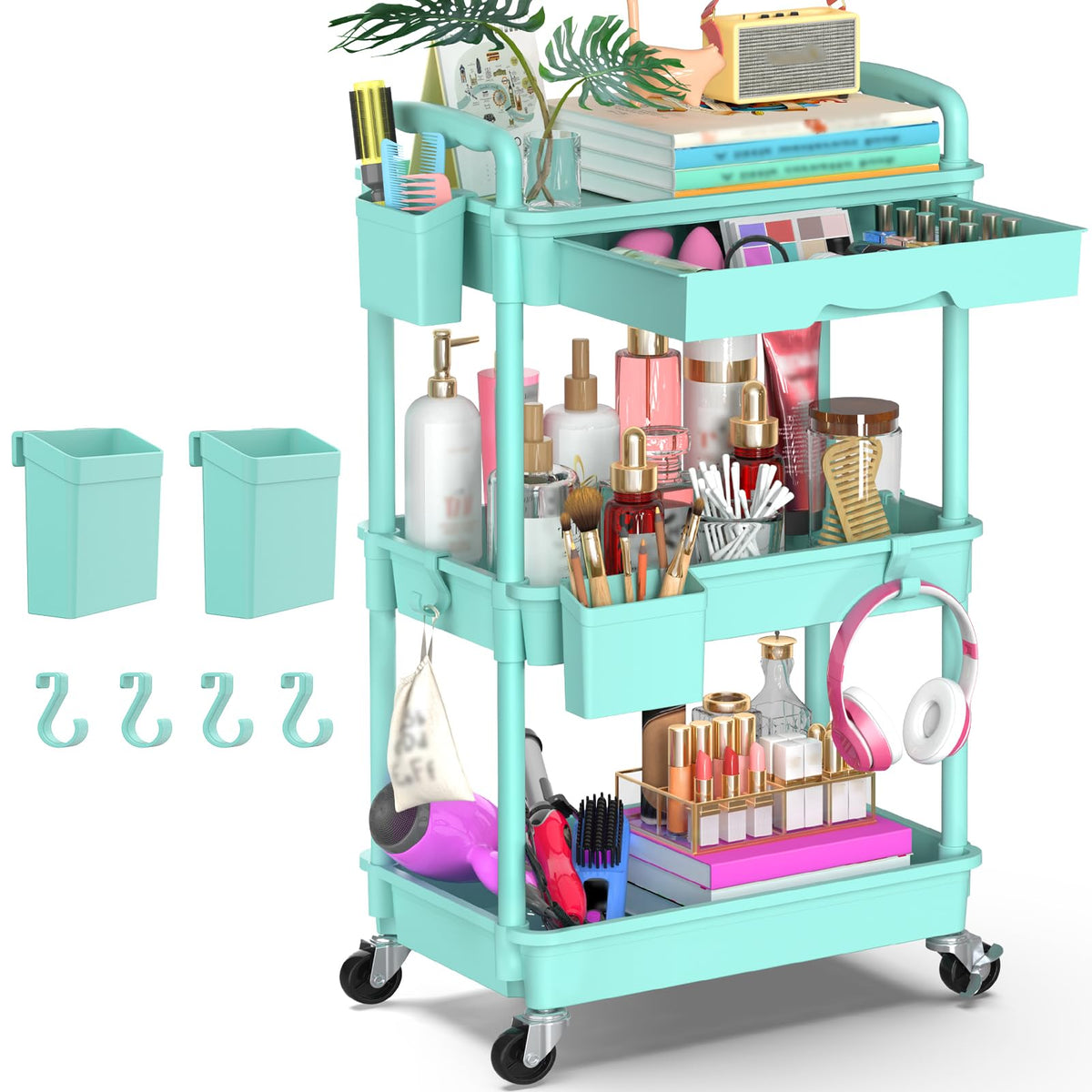 Goovilla 3 Tier Rolling Utility Cart Organizer with Removable Drawer, White