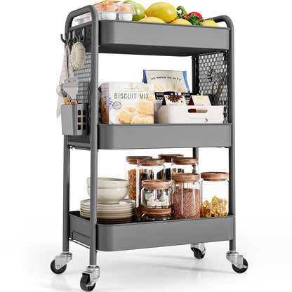 TOOLF 3 Tier Rolling Cart, Metal Utility Storage Cart with Pegboard, Green
