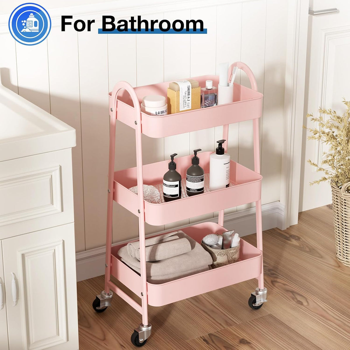 DUMOS 3 Tiers Rolling Cart, Utility Cart, Metal, Pink