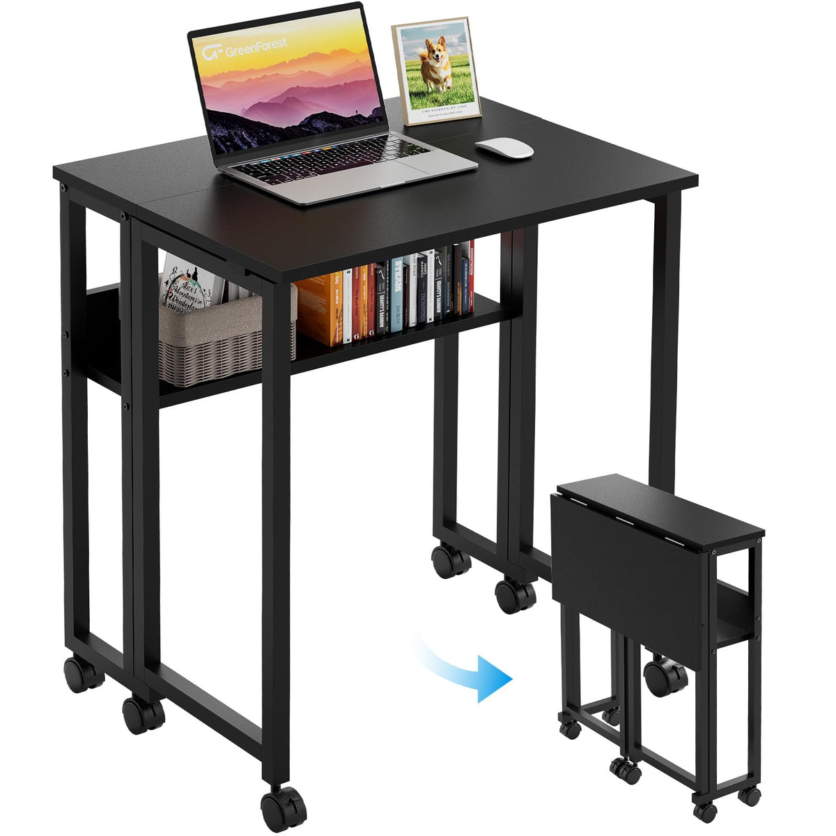 GreenForest Folding Desk with Wheels, 24.8" Rolling Table for Small Spaces