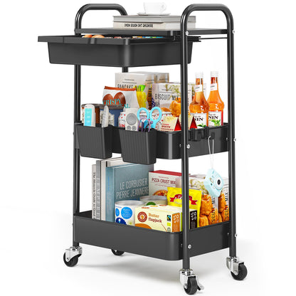 KINGRACK 3 Tier Metal Rolling Cart with Drawer, White Utility Storage Cart