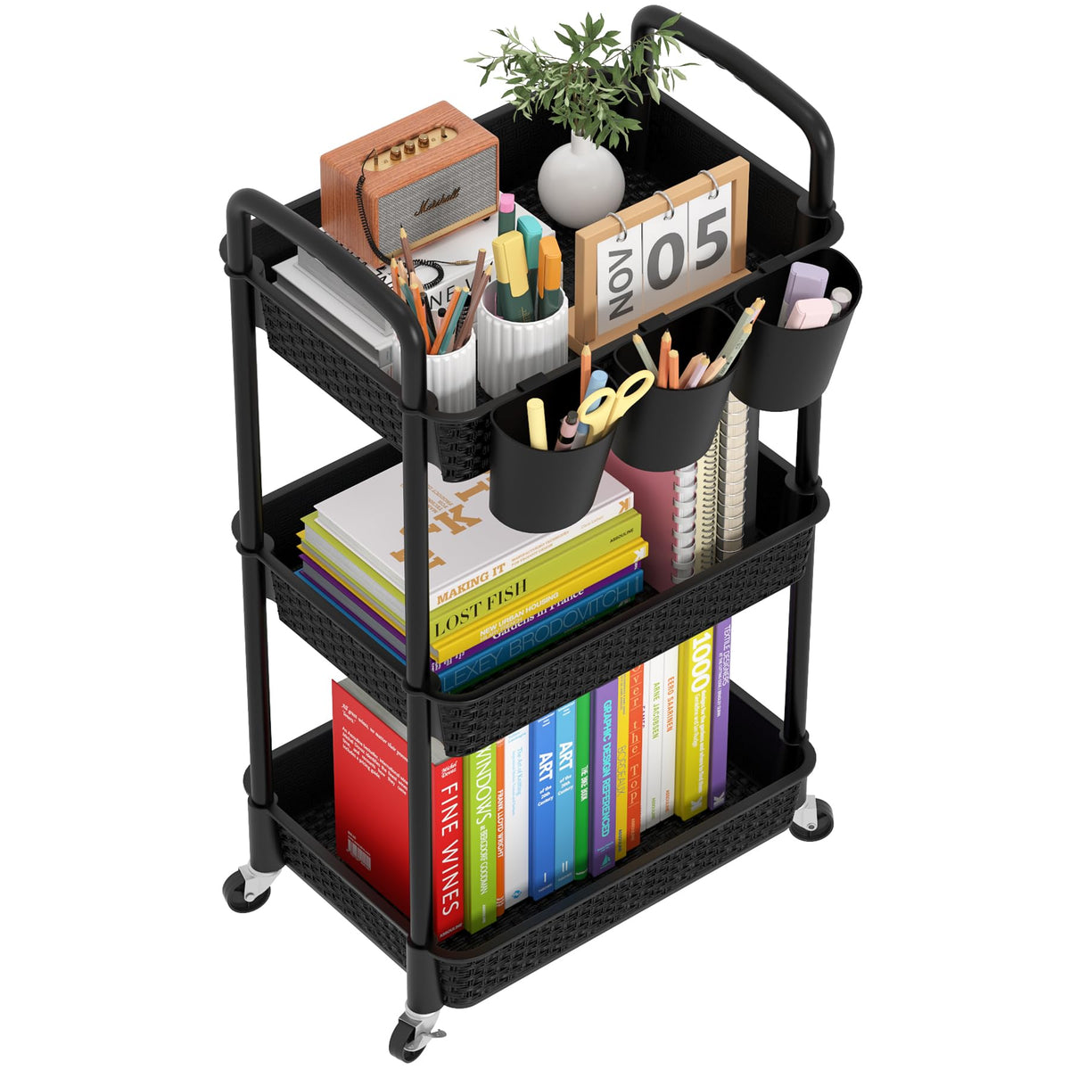 MOYIPIN 3-Tier Plastic Rolling Utility Cart with Handle,Black