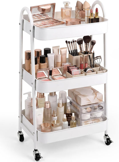 Booklov Rolling Makeup Cart Organizer, 3 Tier Utility Storage Cart, White