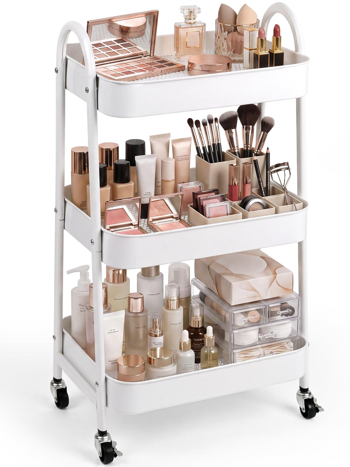 Booklov Rolling Makeup Cart Organizer, 3 Tier Utility Storage Cart, White