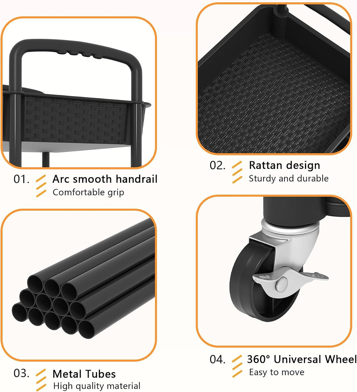 MOYIPIN 3-Tier Plastic Rolling Utility Cart with Handle,Black