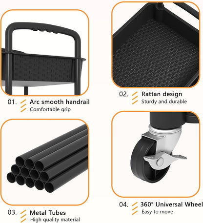 MOYIPIN 3-Tier Plastic Rolling Utility Cart with Handle,Black