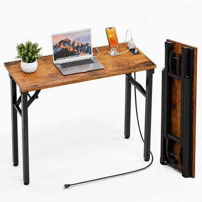 Folding Table Computer Desk - 35.8" No Assembly Folding Desk Design and Foldable Office Desk, Small Desk for Bedroom, Compact Storage Portable Use for Dorm and RV Small Space, Dark Oak