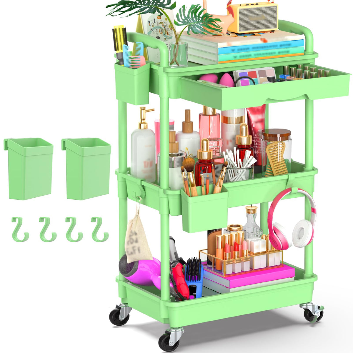 Goovilla 3 Tier Rolling Utility Cart Organizer with Removable Drawer, Black