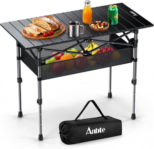 Anbte Camping Folding Table, Adjustable Height Aluminum Roll-Top, Black