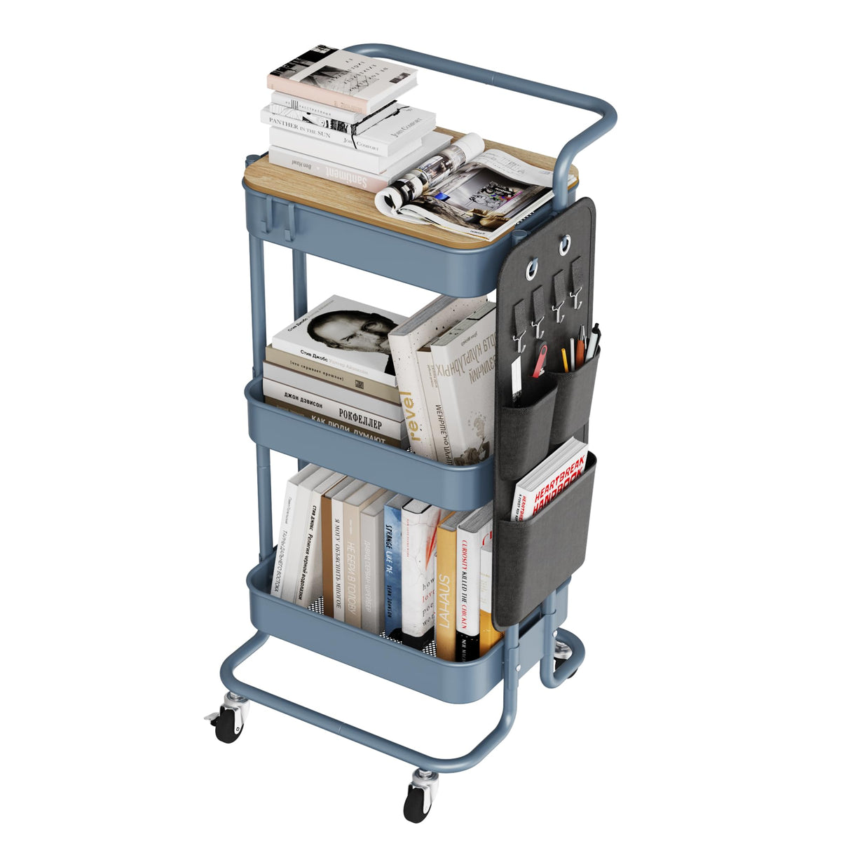 DTK 3 Tier Metal Utility Rolling Cart with Table Top and Side Bags, Tray Storage Organizer Wheels, Art Craft 4 Hooks for Kitchen Bathroom Office Living Room (Black)