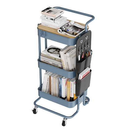 DTK 3 Tier Metal Utility Rolling Cart with Table Top and Side Bags, Tray Storage Organizer Wheels, Art Craft 4 Hooks for Kitchen Bathroom Office Living Room (Black)