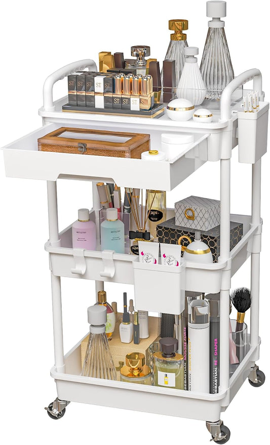 REBECAT 3 Tier Rolling Makeup Cart Cosmetic Display Organizer with Drawer