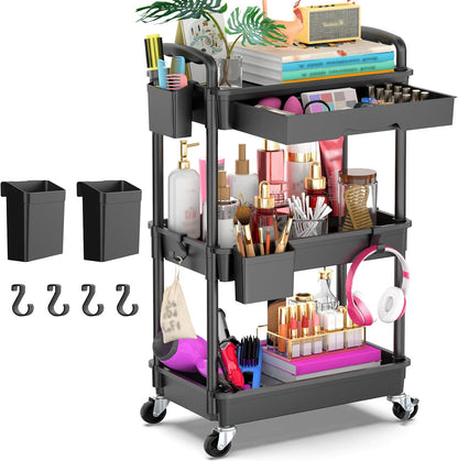 Goovilla 3 Tier Rolling Utility Cart Organizer with Removable Drawer, Black