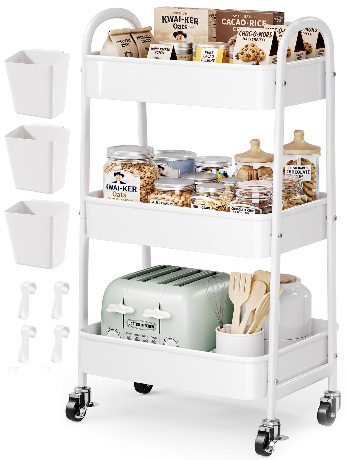 Beige 3 Tier Rolling Cart Metal with Wheels,Tan Three Tiered Bedside Carts